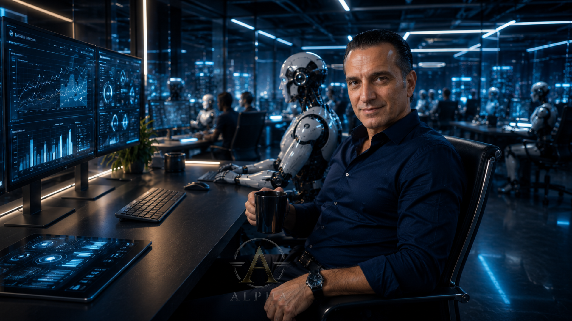 Samuel Mottaki im Büro mit KI Systemen